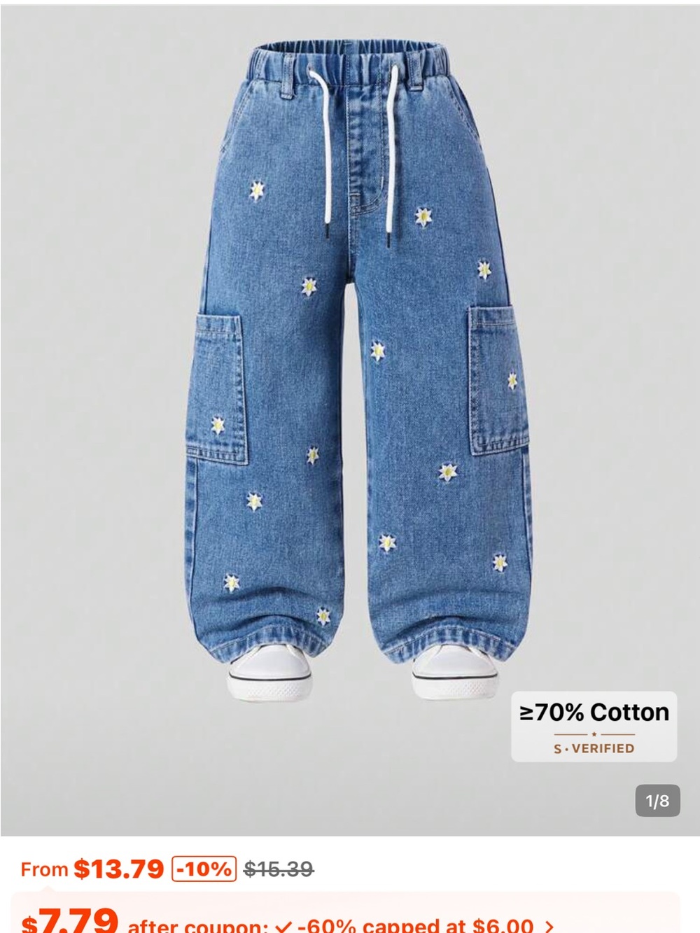 Blue Daisy Embroidered Cargo Jeans for Kids